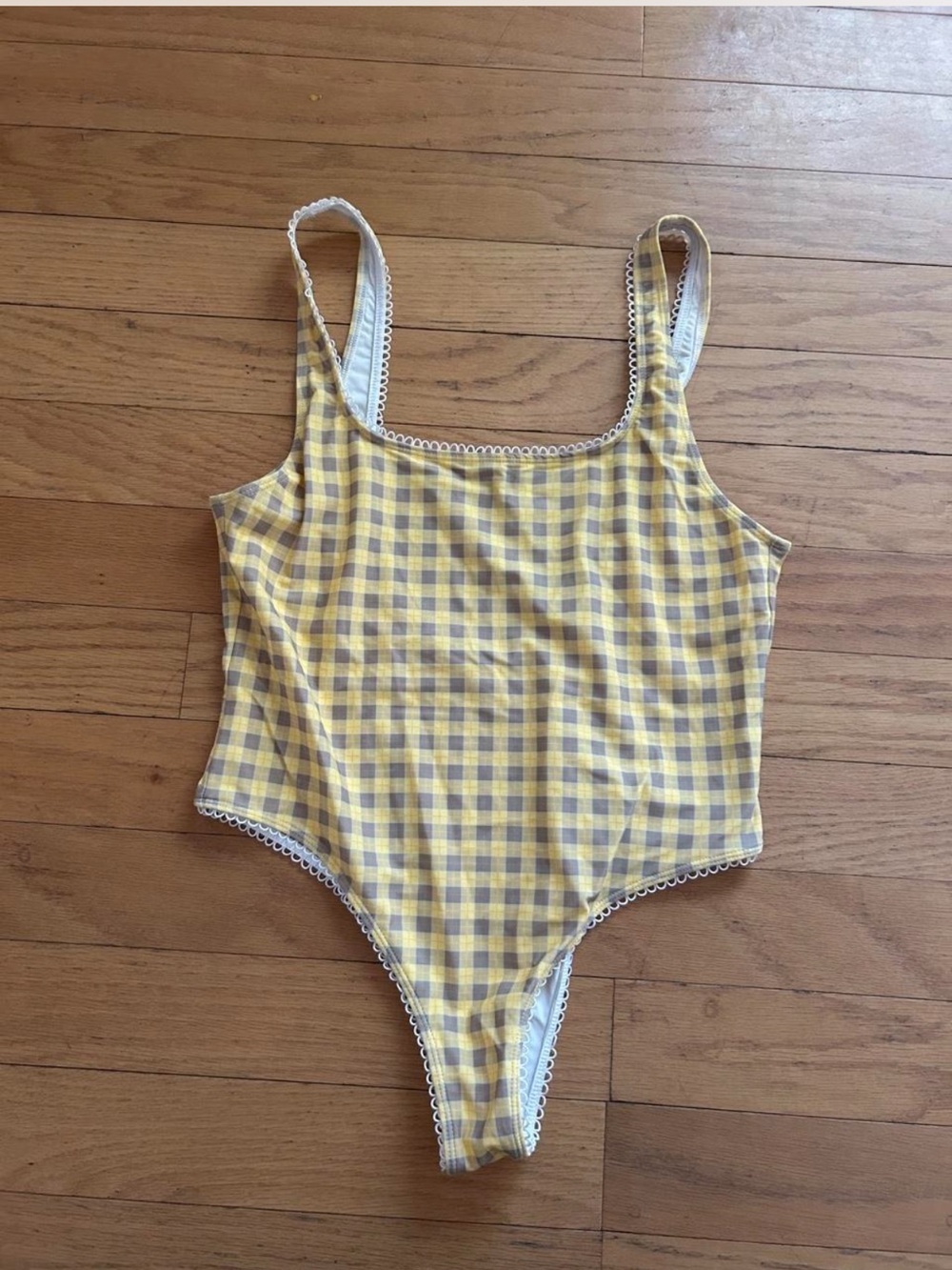 ODDLI one piece swimsuit size in grey and yellow plaid